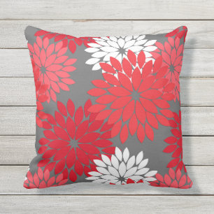 Moderne florale Kimono Print, Korallenrot und Grau Kissen