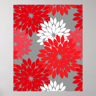 Moderne florale Kimono Print, Korallenrot und Grau Poster