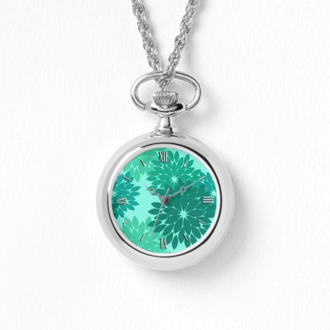 Moderne florale Kimono Print, Türkis, Aquamarin &  Armbanduhr (Vorderseite)