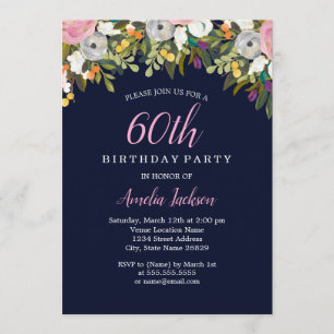 Moderne Florale Navy Rosa 60. Geburtstag Einladung