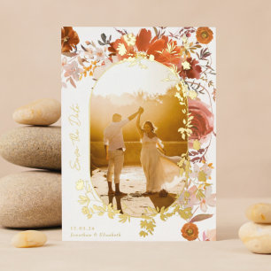 Moderne florale ovale Foto-Save-the-Date Gold Folieneinladung