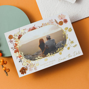 Moderne Florale Rahmen-Foto-Save-the-Date Gold Folieneinladung