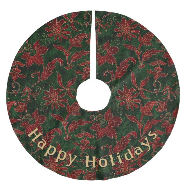 Moderne florale rote grüne Muster Persönliche Nach Polyester Weihnachtsbaumdecke (Vorderseite)