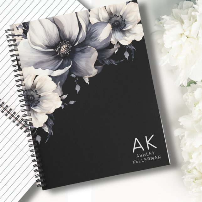 Moderne Florale Schwarz-Weiß-Initiale Monogramm Notizbuch (Modern Floral Initials Name Black White Monogram Notebook)