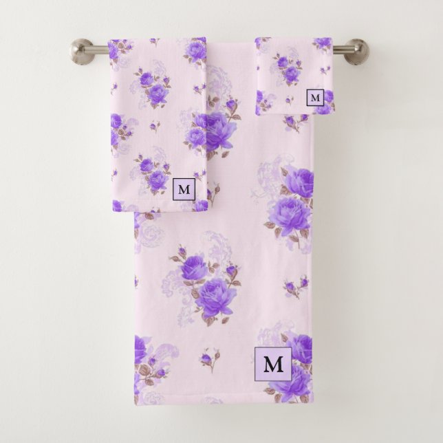 Moderne Florale Violette Rose Badhandtuch Set (Insitu)