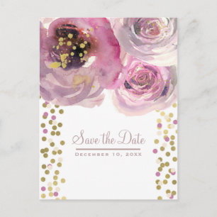 Moderne Florale Wasserfarbe Pink & Gold 'Save the Ankündigungspostkarte