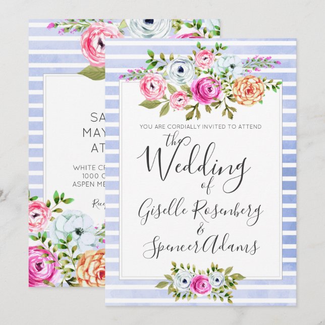 Moderne florale Wasserfarben Streifen Hochzeit Ein Einladung (Vorne/Hinten)