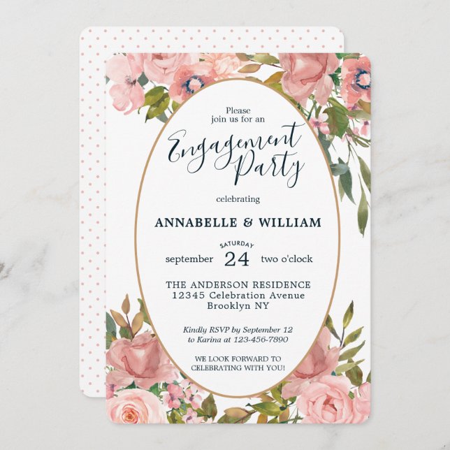 Moderne floralrosa Blush Gold Engagement Party Einladung (Vorne/Hinten)