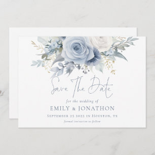 Moderne Florals Dusty Blue Text QR Code Hochzeit Save The Date