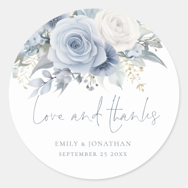 Moderne Florals Liebe dank Dusty Blue Wedding Runder Aufkleber (Vorderseite)