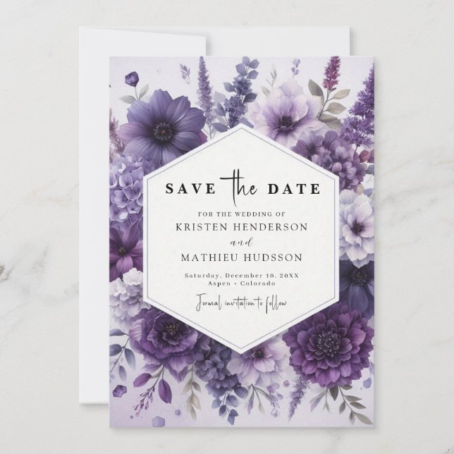 Moderne Florals Lila Blumenhochzeit Save The Date (Vorderseite)