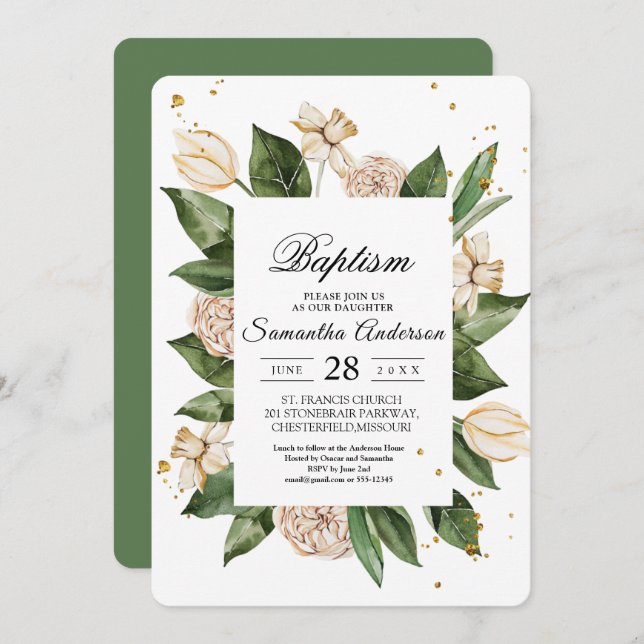 Moderne, florengrüne und gelbe Rahmen Einladung (Vorne/Hinten)