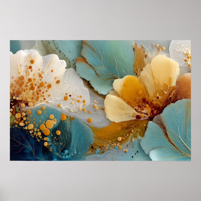 Moderne Fluid Abstract Türkis Gold Blasen & Adern Poster (Vorne)