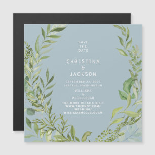 Moderne Foliage Dusty Blue Hochzeit Termin vormerk Magneteinladung