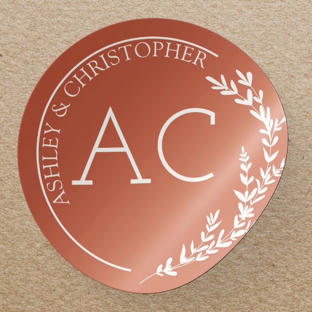 Moderne Foliage Frame Copper Red Wedding Runder Aufkleber (Von Creator hochgeladen)