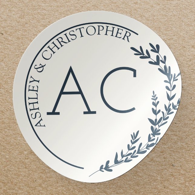 Moderne Foliage Frame Navy Blue Wedding Runder Aufkleber (Von Creator hochgeladen)
