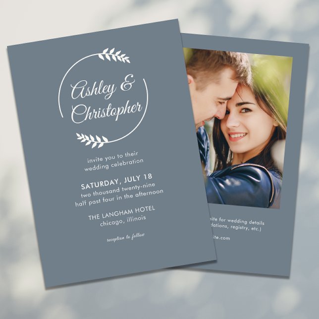 Moderne Foliage Frame Slate Gray Foto Wedding Einladung (Von Creator hochgeladen)
