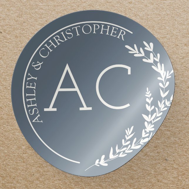 Moderne Foliage Frame Slate Gray Wedding Runder Aufkleber (Von Creator hochgeladen)