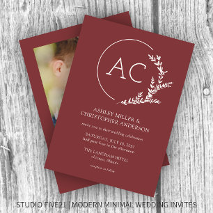 Moderne Foliage Rahmen Rosewood Rote Foto Hochzeit Einladung