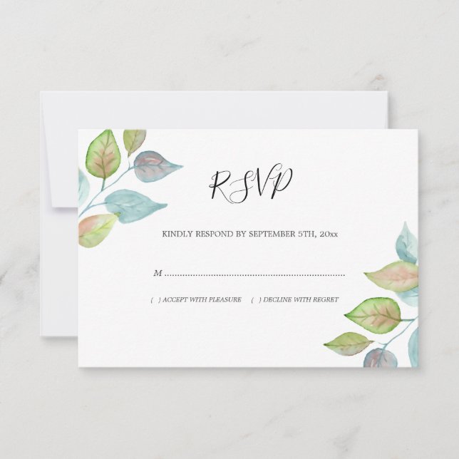 Moderne Foliage Watercolor Blätter Hochzeit RSVP Karte (Vorderseite)