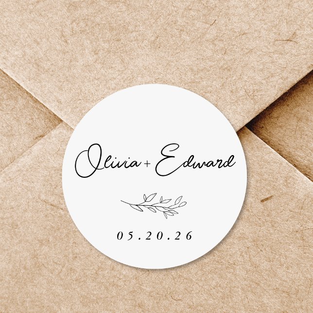 Moderne Foliage Wedding Name Runder Aufkleber (Von Creator hochgeladen)
