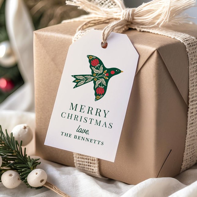 Moderne Folklore Art Floral Bird Weihnachtsfeierta Geschenkanhänger (Von Creator hochgeladen)