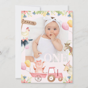 Moderne Foto Arch Pink Traktor Farm 1. Geburtstag Einladung