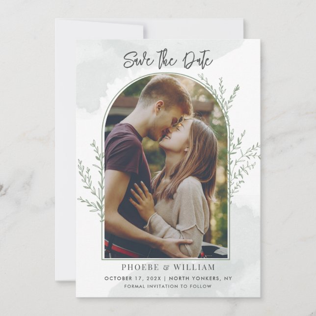 Moderne Foto Arch Script Hochzeit Save The Date (Vorderseite)