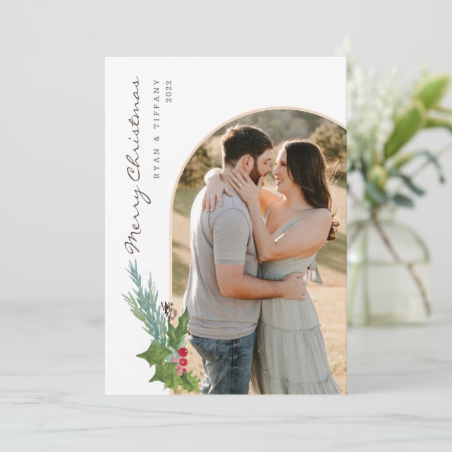 Moderne Foto Arch Weihnachtskarte mit Holly Einladung (Stehend Vorderseite)