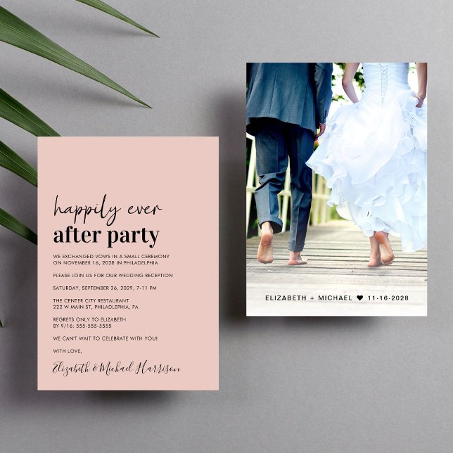 Moderne Foto Blush Hochzeitsempfehlung Einladung (An chic Happily Ever After Party invitation for your wedding celebration)