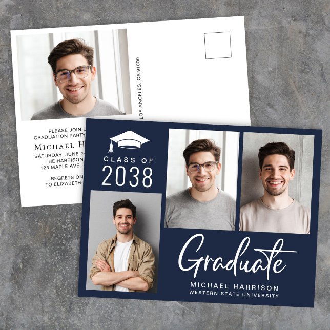 Moderne Foto Class of 2025 Blue Graduation Party Einladungspostkarte (Modern Photo Blue Graduation Party Invitation Postcard)