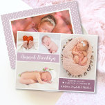 Moderne Foto Collage Birth Announccard Ankündigung<br><div class="desc">Moderne Mädchen Lilac und Mauve Baby Birth Ankündigung 4 Foto Collage Cards. Elegante, niedliche 2-seitige Foto-Geburtsmeldungskarte mit vier (4) Ihrer Lieblings-Baby-Fotos vorne, mit einem hübschen handgeschriebenen Schrift in Weiß auf Pastelllila oder hellen lila und lila oder staubigen Pflaume lila Farbblöcke. Fügen Sie den Namen Ihres Babys auf der Vorderseite und...</div>