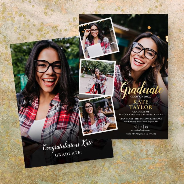 Moderne Foto Collage Graduation Party Goldene Fore Folieneinladung (Modern Photo Collage Graduation Party Gold Foil In Foil Invitation)