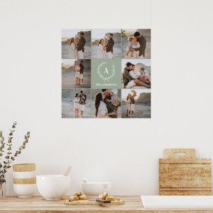 Moderne Foto-Collage Kranz-Monogramm-Familie grün Poster