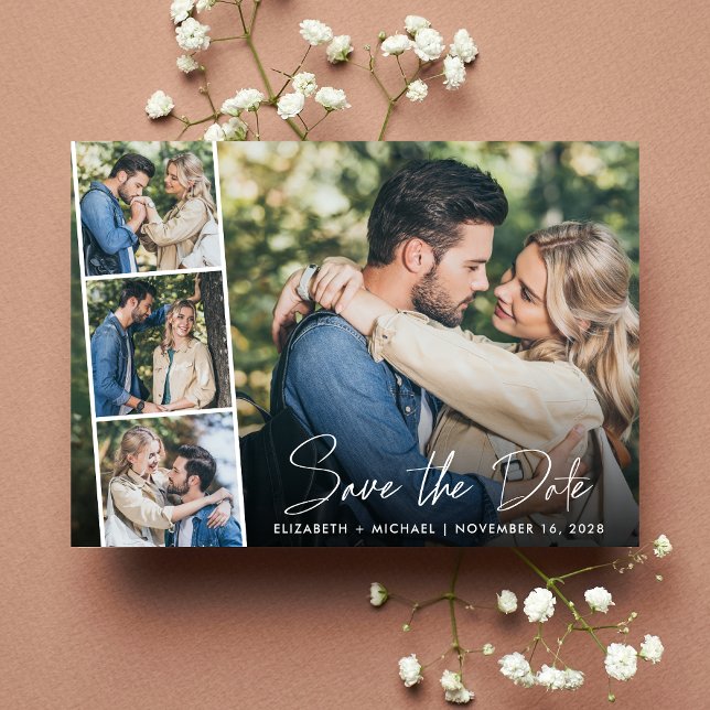 Moderne Foto Collage White Script Hochzeit Save The Date (Von Creator hochgeladen)