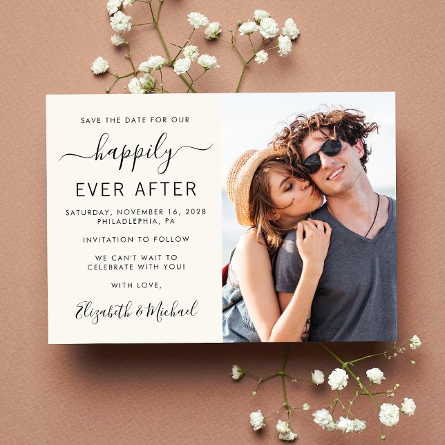 Moderne Foto Cream Wedding Save The Date (A chic happily ever after photo save the date announcement card)