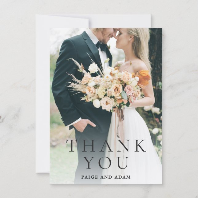 Moderne Foto-Editorial-Hochzeit Dankeskarte (Vorderseite)