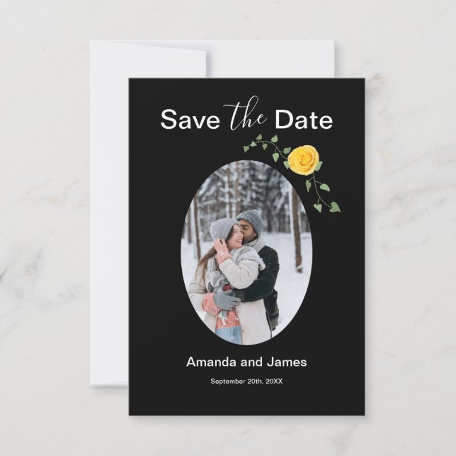 Moderne Foto-Gelbe Rose und Rebe Schwarz Save The Date (Vorderseite)