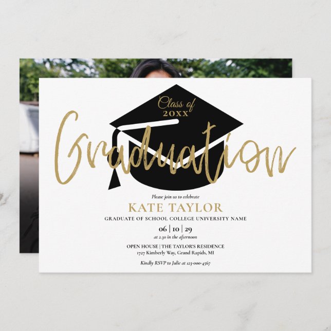 Moderne Foto Gold Script Graduation Party Einladung (Vorne/Hinten)