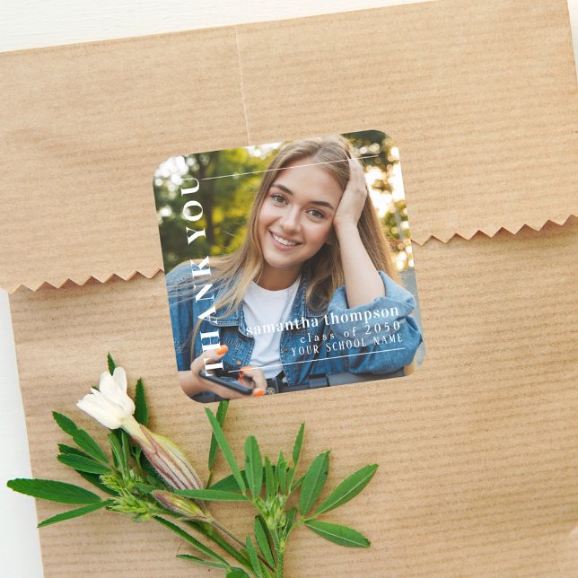 Moderne Foto Graduation Party Danke Quadratischer Aufkleber (Von Creator hochgeladen)