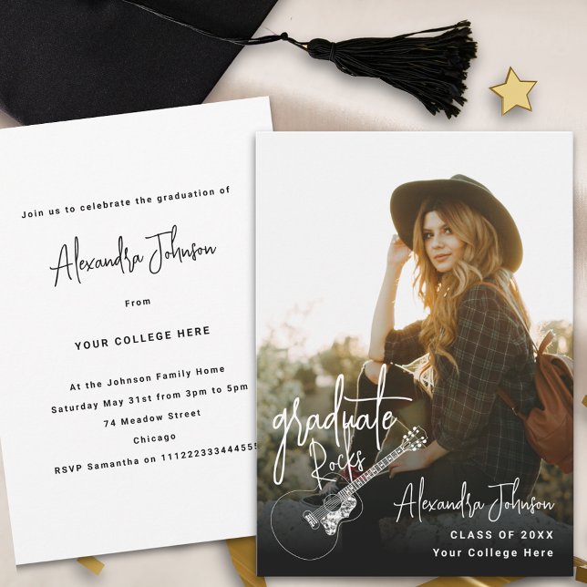 Moderne Foto Graduation Party Einladung (Modern trendy vertical photo Graduation announcement party invitation with cool country guitar )