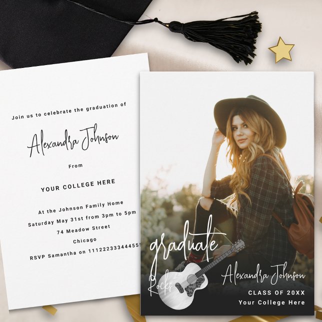 Moderne Foto Graduation Party Einladung (Modern trendy vertical photo Graduation announcement party invitation rustic country music guitar)