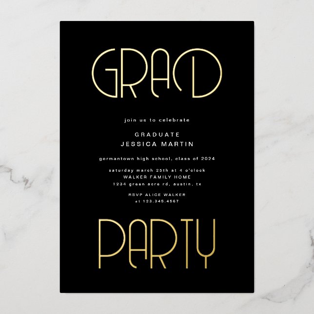 Moderne Foto Graduation Party für Typografie Folieneinladung (Vorderseite)
