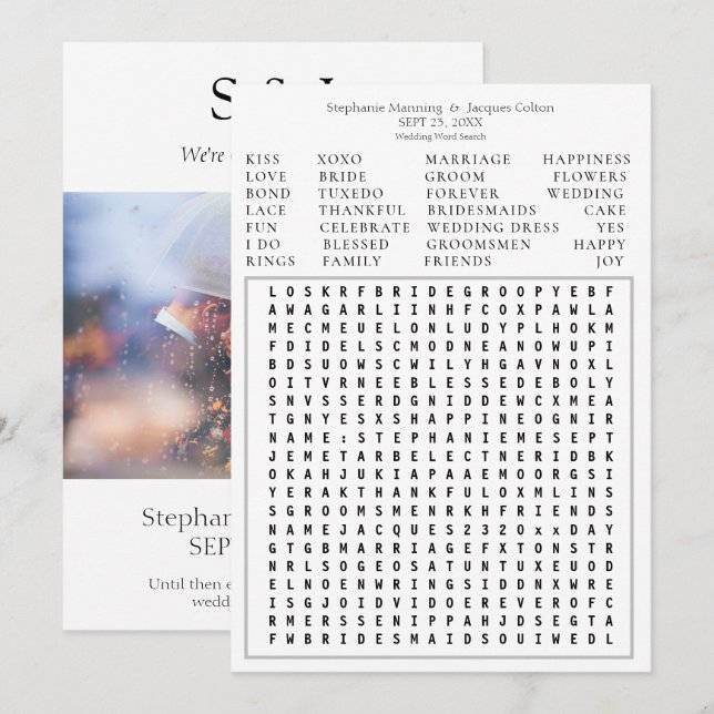Moderne Foto Hochzeit Word Search Save the Date-W2 Einladung (Vorne/Hinten)