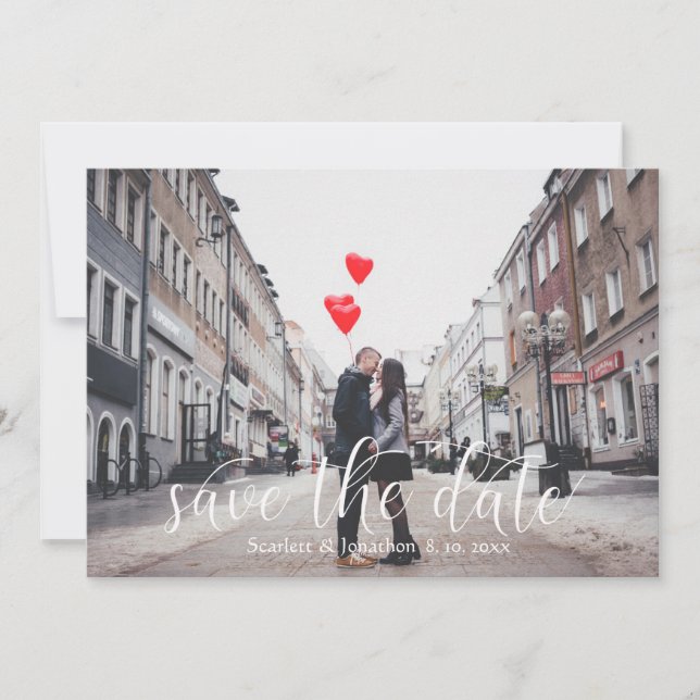 Moderne Foto-Hochzeitskarte mit Skript Save the Da Save The Date (Vorderseite)