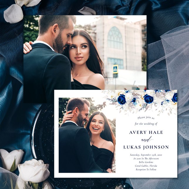 Moderne Foto Horizon Blue & White Floral Wedding Einladung (Von Creator hochgeladen)