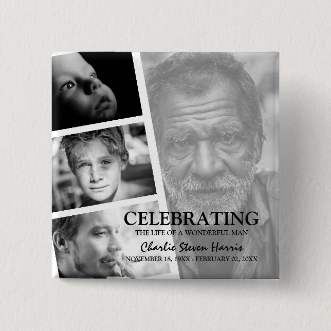Moderne Foto Life Story Collage Beerdigung Button (Vorderseite)