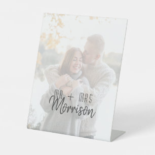 Moderne Foto Mr und Mrs Hochzeitsschild Sockelschild