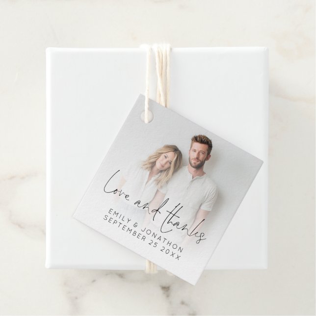 Moderne Foto Overlay-Liebe dank Script-Hochzeit Geschenkanhänger (Beispiel)