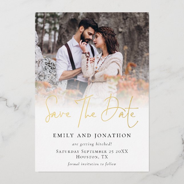 Moderne Foto Overlay Real Foil Save the Date Karte (Vorderseite)